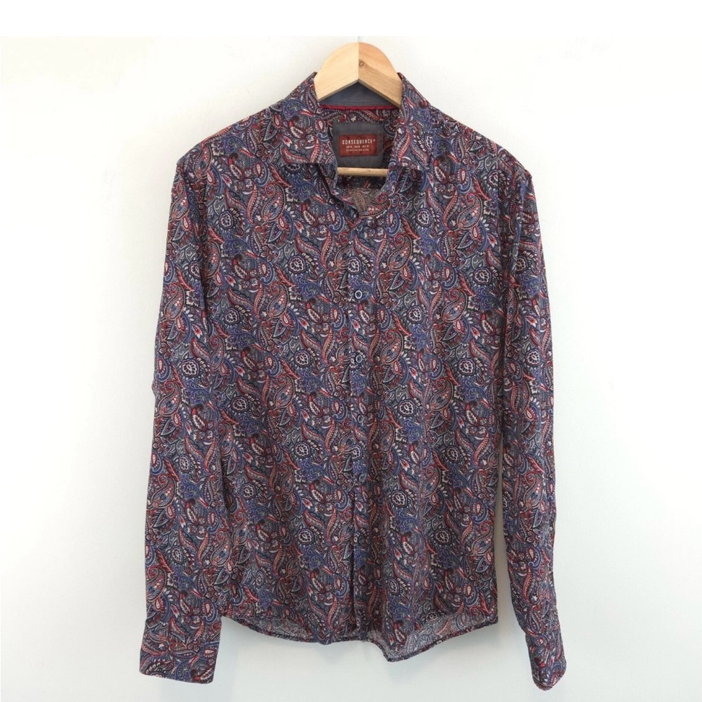 Consequence Men’s paisley button up shirt long sleeves cotton spandex size L - Picture 2 of 9
